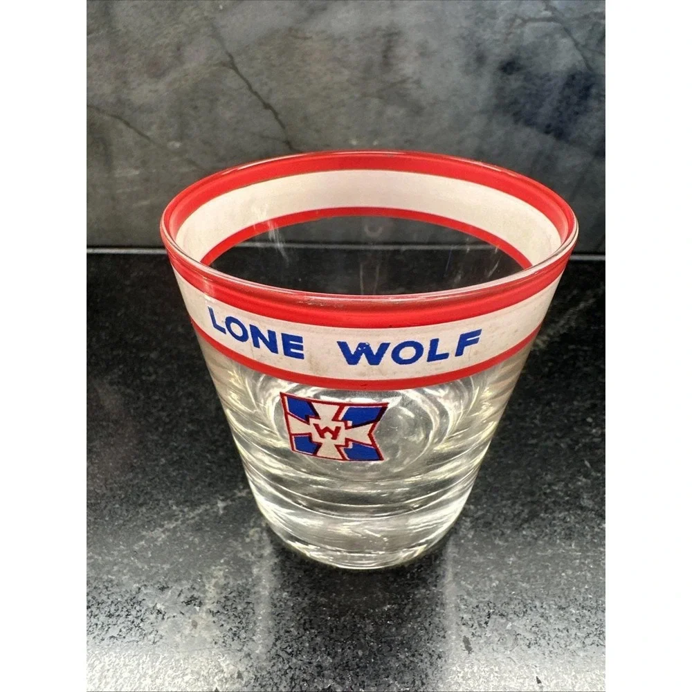 Lone Wolf Vintage Bar Glasses Western Liquors Promotional RARE Rocks Mid Century